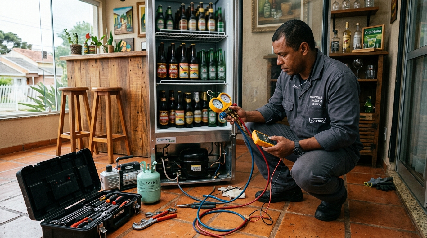 Técnico realizando manutenção de motor de cervejeira em Divinópolis‑MG