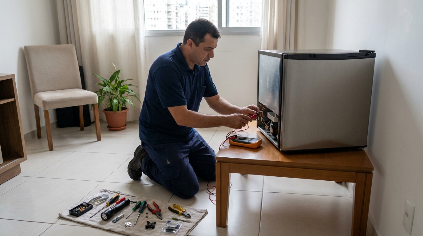 Técnico realizando manutenção de motor de frigobar em Divinópolis‑MG